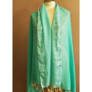 Scarf Wrap Shawl Turquoise Sheer Tassels Satin Edge 68x42" Woven Lightweight
